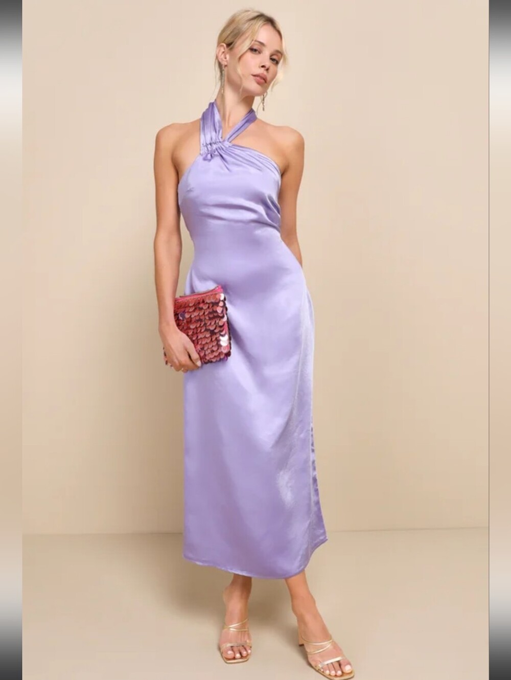 Lulus Perfectly Sleek Lavender Satin Halter Slip Midi Dress